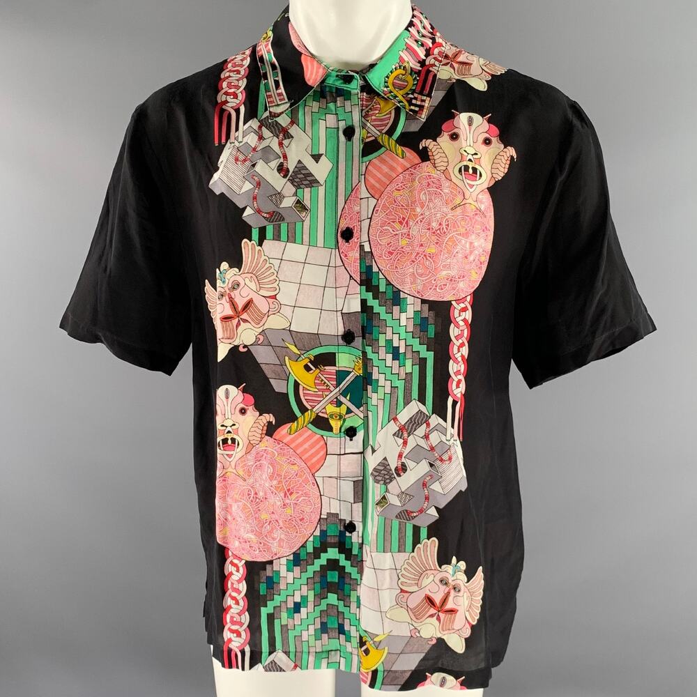 GORMAN Size 12 Black Pink Green Silk Viscose Print Pointed Collar Shirt